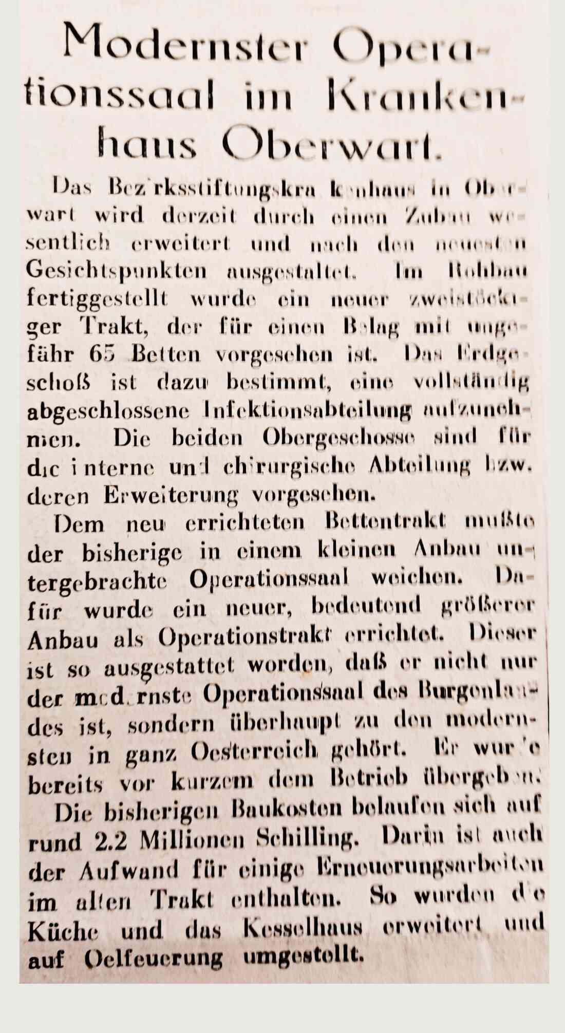 Bericht "Modernster Operationssaal im Krankenhaus Oberwart" in der Oberwarter Zeitung vom 25. August 1953