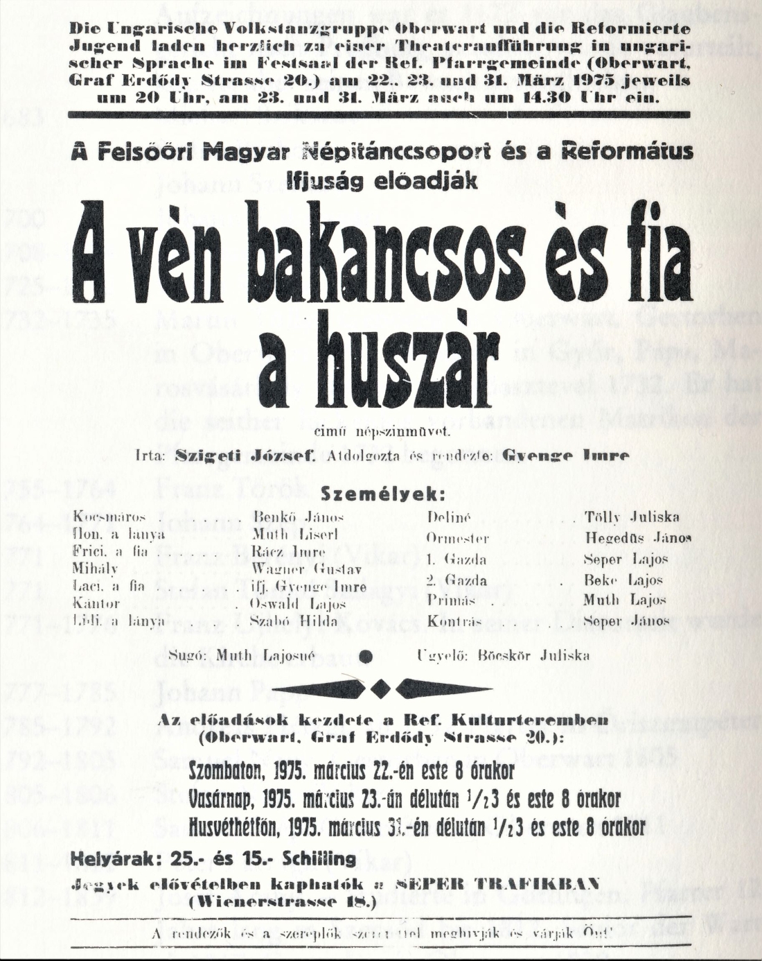 Reformierter Leseverein: Plakat zur Theateraufführung „Der alte Infanterist und sein Sohn der Husar“