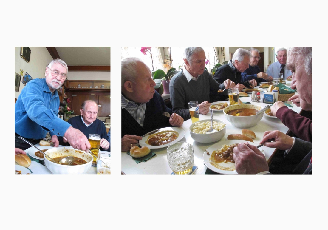 Kantorrunde: die "Dienstagsrunde" anlässlich des 90. Geburtstags von Prof. Karl Messner beim Gulasch-Essen (Brunner-Szabo/Huber/Pal/Somogy/Palank/Kappel/Kaipel/Mühl