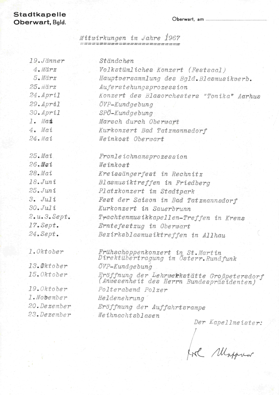 Stadtkapelle: Auftritte bzw. Mitwirkungen im Jahr 1967