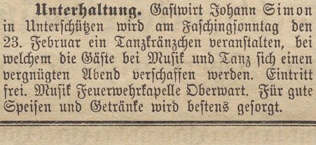 Oberwarther = Sonntagszeitung vom 23. Feber 1936: Ankündigung eines Tanzkränzchens zum Faschingsonntag im Gasthaus Simon (Unterschützen) mit der Feuerwehrkapelle Oberwart
