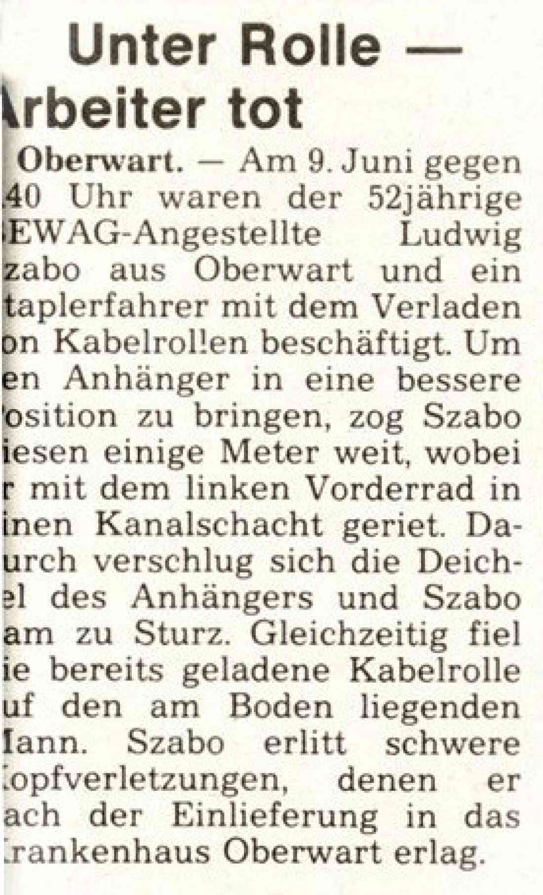 Bericht in der BF vom 17. Juni 1987 über den tragischen Unfalltod von Ludwig Szabo (*1935/+1987)