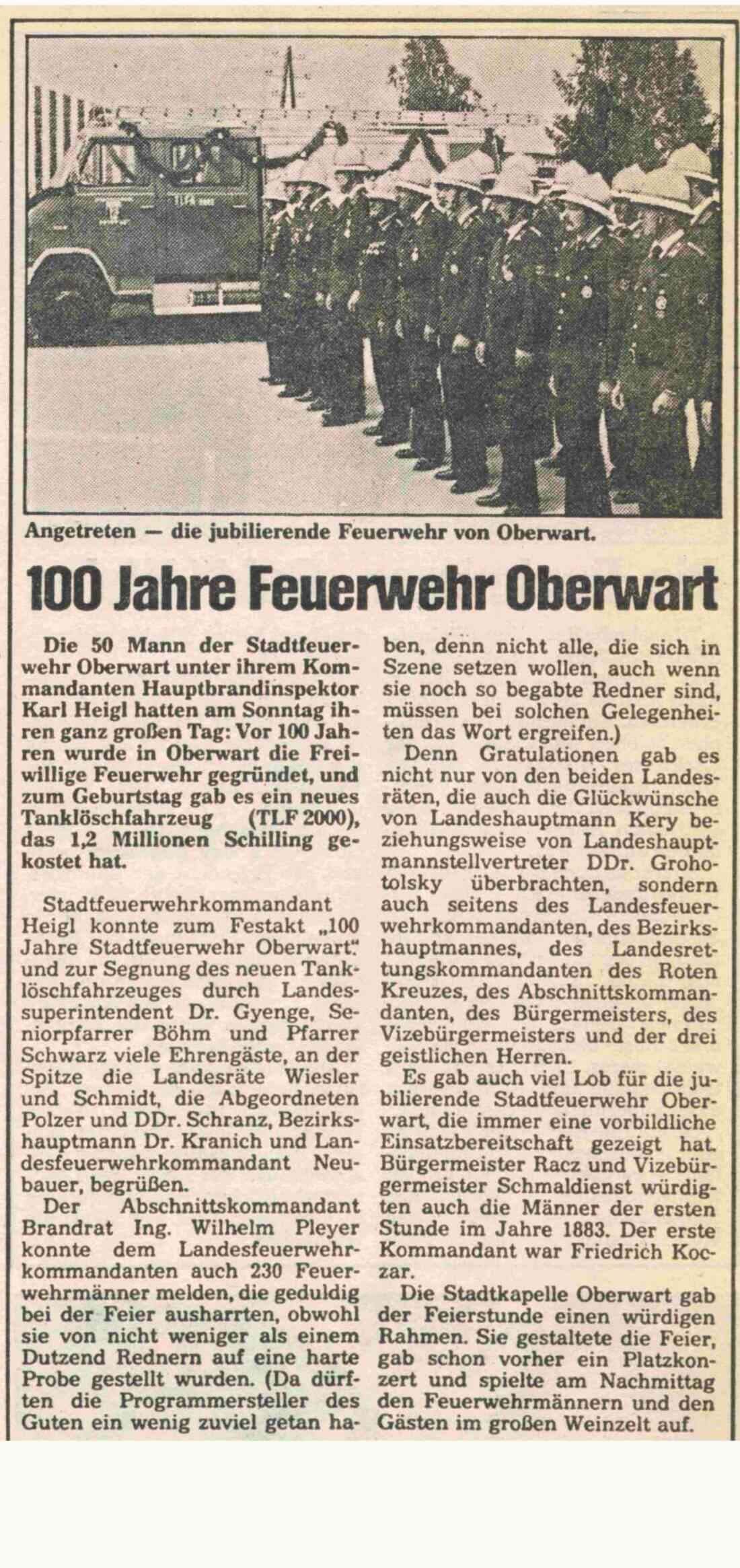 Artikel inder BF vom 18. August 1983: 100 Jahre Feuerwehr Oberwart