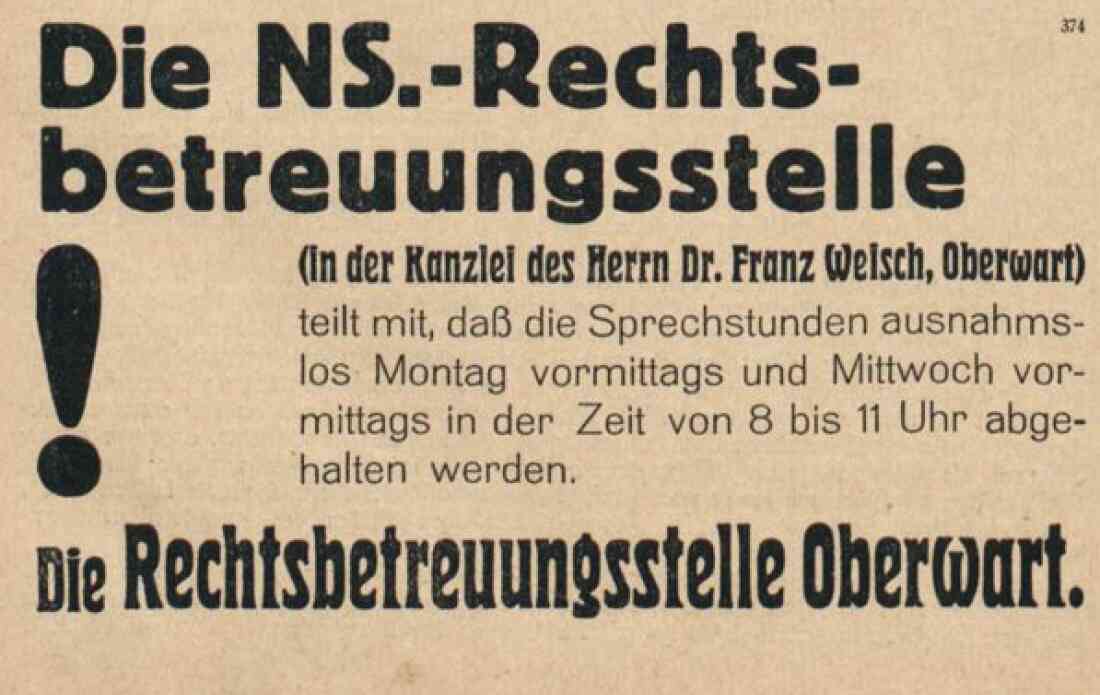 Einschaltung in der Oberwarther Sonntags-Zeitung vom 13. November 1938: NS-Rechtsbetreuungsstelle bei Dr. Franz Weisch (Nationalsozialist - NAZI)