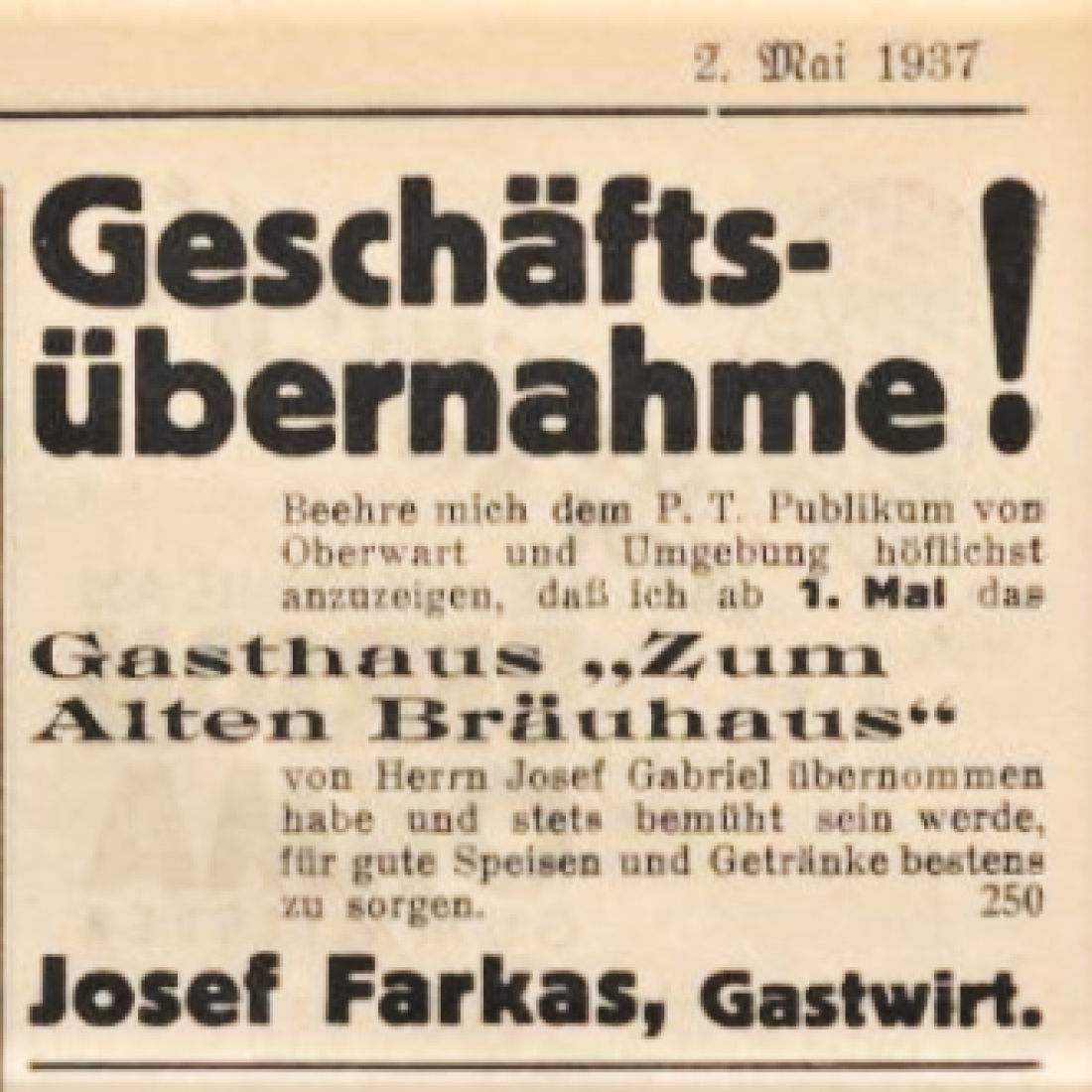 Gasthof "Zum Alten Bräuhaus"(OW 4 / Steinamangererstraße 145 - Bräuhaus): Geschäftsübernahme durch Josef Farkas