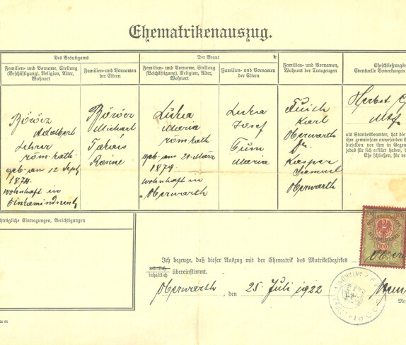 Ehematrikenauszug zur Heirat von Adalbert Böröcz (*1874/+1948) und "Maria" Irma Luka (*1879/+1968)