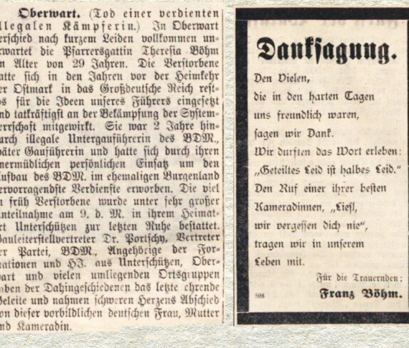 Bericht und Danksagung anlässlich des Ablebens von Theresia Böhm (*1910/+1939) in der Oberwarther Sonntags = Zeitung vom Dezember 1939