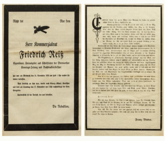 Oberwarther Sonntags = Zeitung - 18. November 1934: Nachruf zum Ableben von Friedrich Reis (auch Reisz oder Reiß)