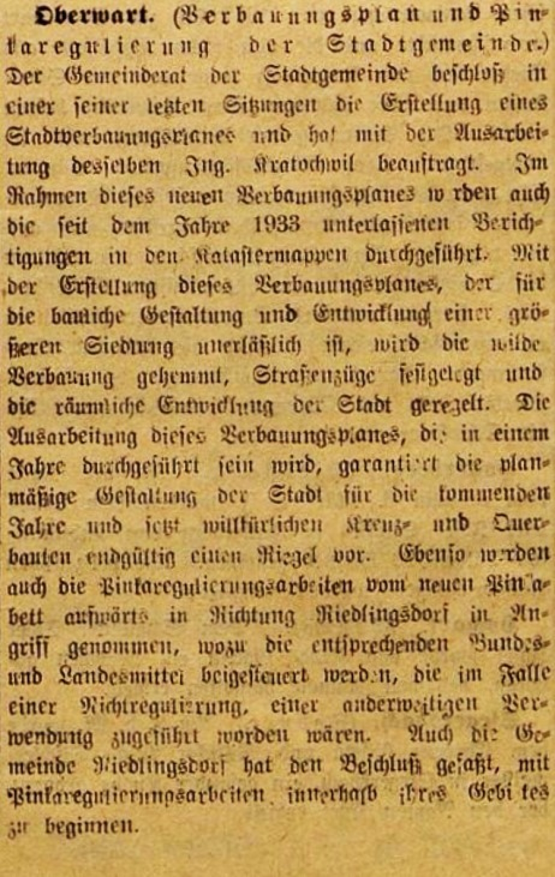 Bericht in der Oberwarter Zeitung vom 20. März 1949 zu den Themen Verbauungsplan und Pinkaregulierung