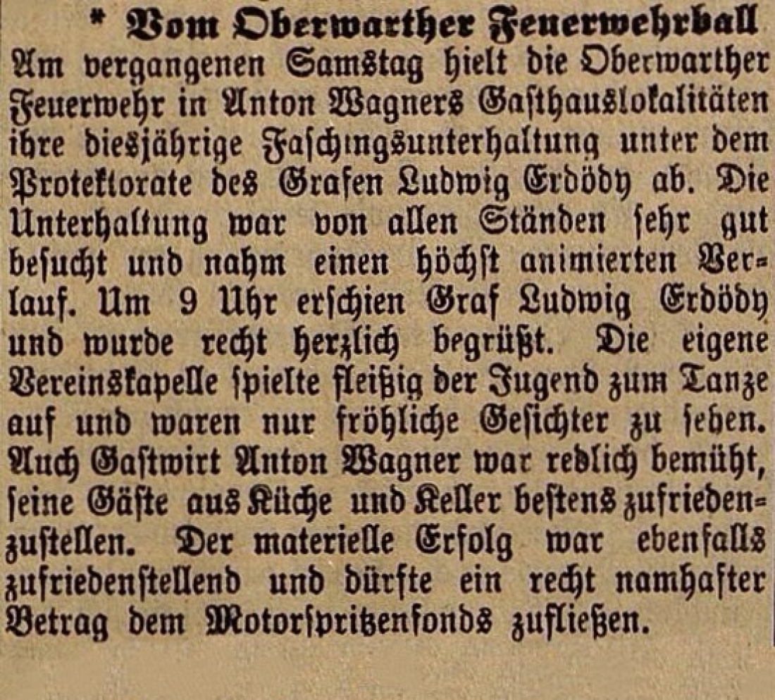 Oberwarther = Sonntagszeitung vom 17. Jänner 1926: "Vom Oberwarther Feuerwehrball" - mit Hinweis auf die Feuerwehrkapelle und den Motorspritzenfonds