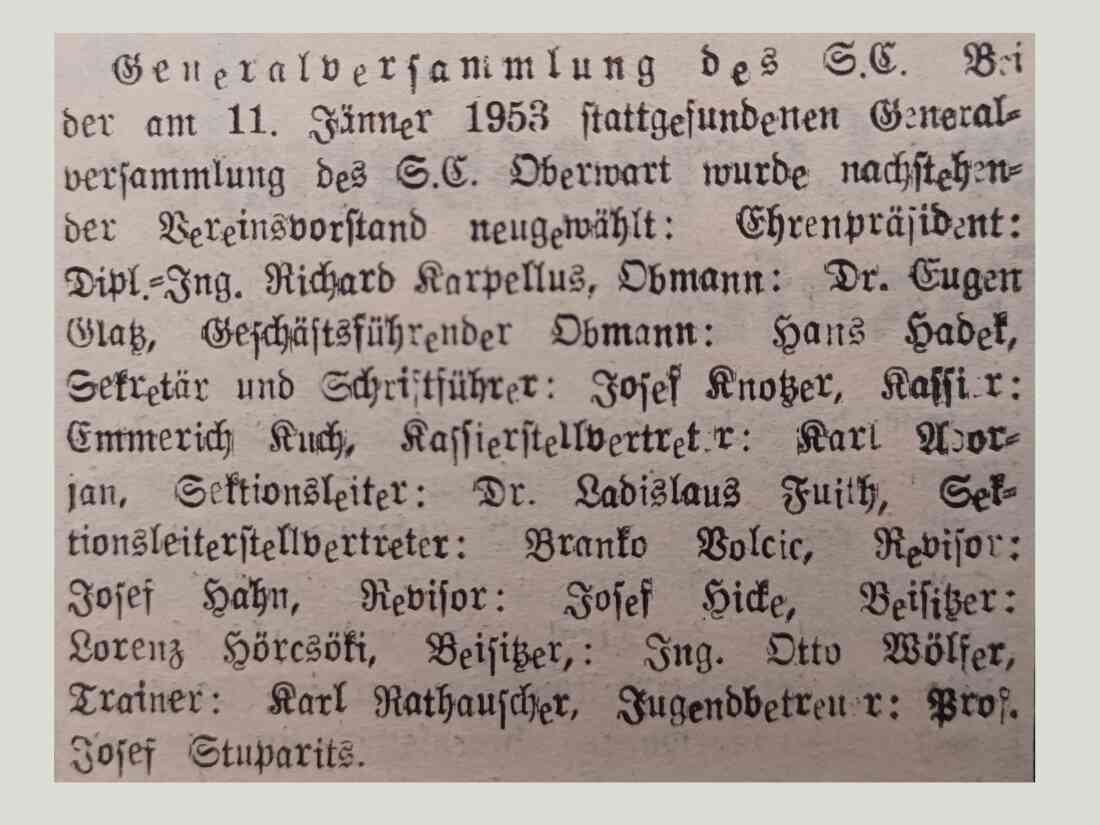 Fußball: Bericht über die Generalsversammlung des SCO in der Oberwarter Zeitung vom 18. Jänner 1953