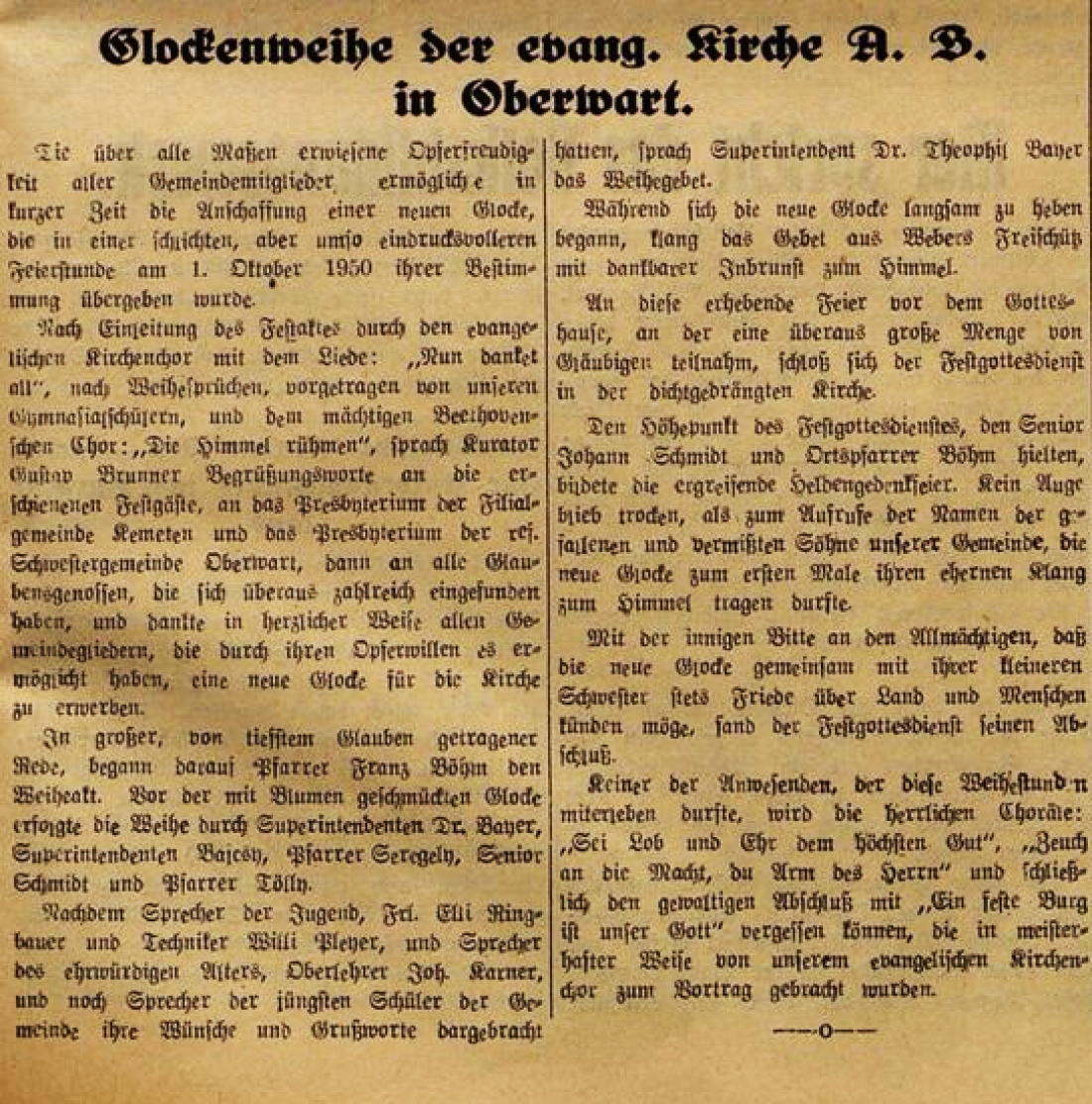 Artikel in der Oberwarter Zeitung vom 8. Oktober 1950: Evang. Pfarrgemeinde AB - Weihe der nach dem Krieg neu angeschafften Glocke