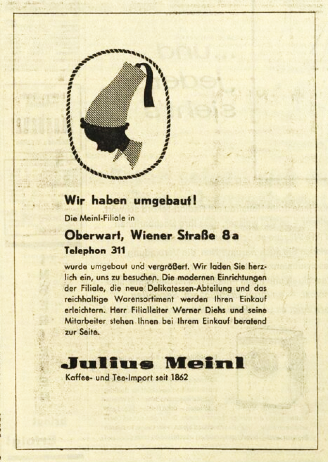 Inserat in der BF vom 1. Juli 1961: "Julius Meinl"(Wienerstraße 8a) - Neueröffnung nach Umbau und Vergrößerung