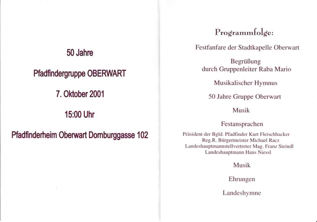 Pfadfinder: Innenseite der Einladung zum Festakt "50 Jahre Pfadfindergruppe Oberwart"