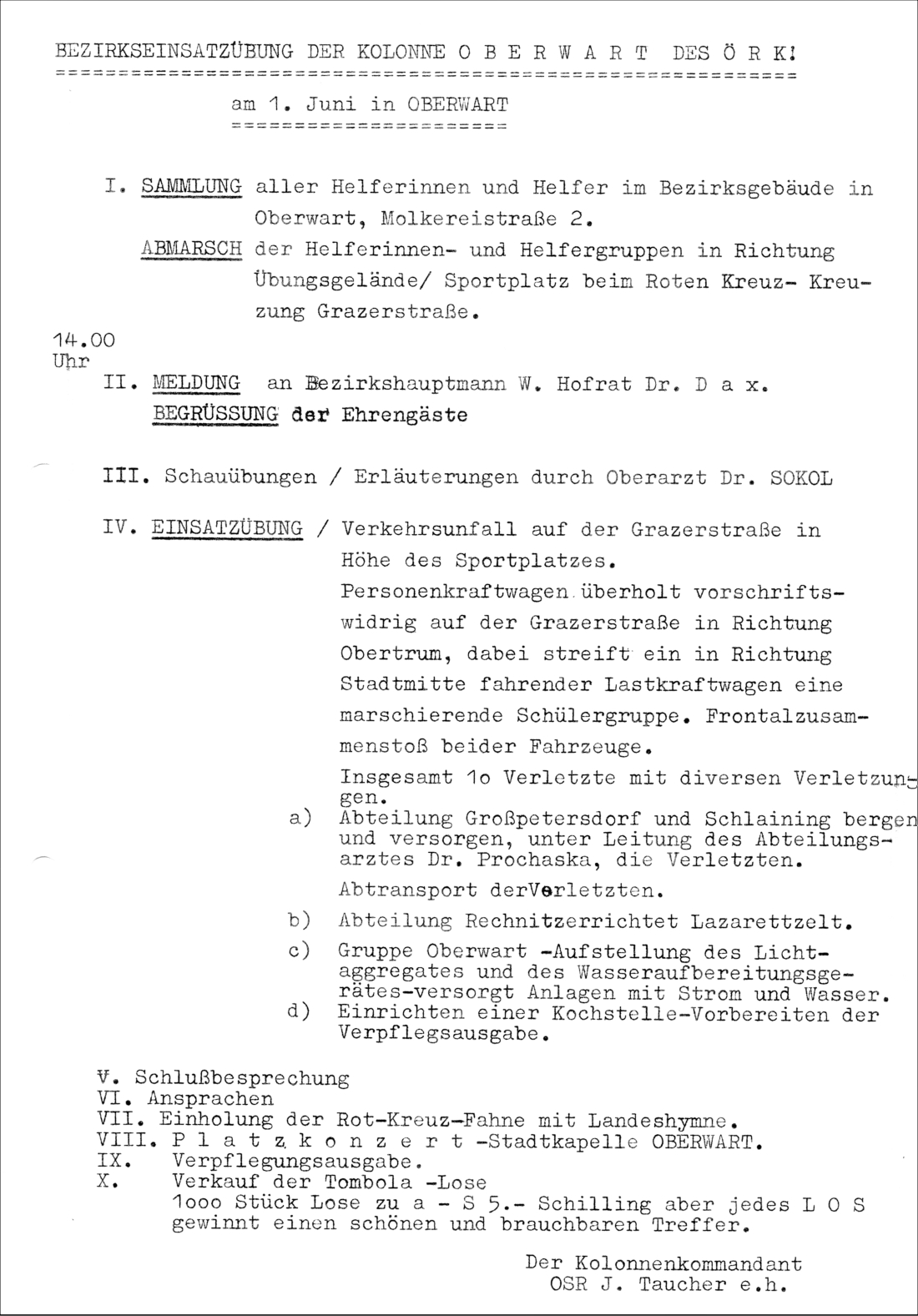 Rotes Kreuz: Ablaufplan einer Einsatzübung der Kolonne Oberwart am 1. Juni 1970