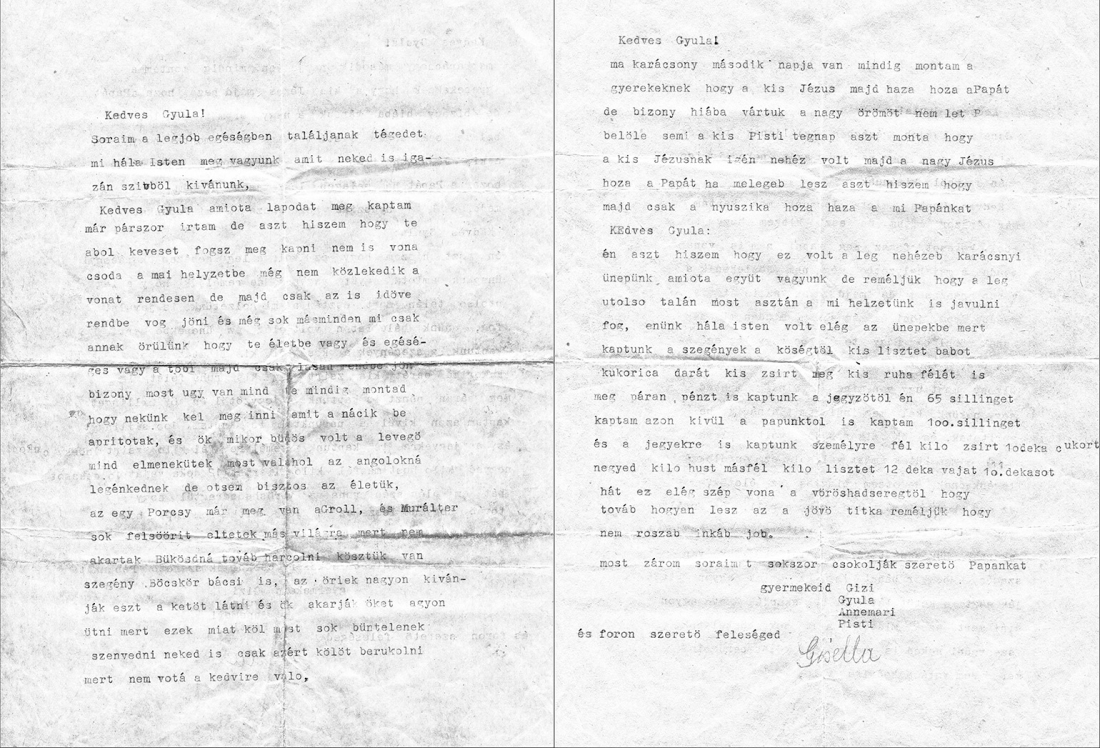 Brief der Gisela Ritter (geb. Györög) an ihren noch nicht aus dem Krieg heimgekehrten Mann Julius Ritter zu Weihnachten 1945 (OW Nr. 80, heute Buchengasse 9) - Groll/Muralter