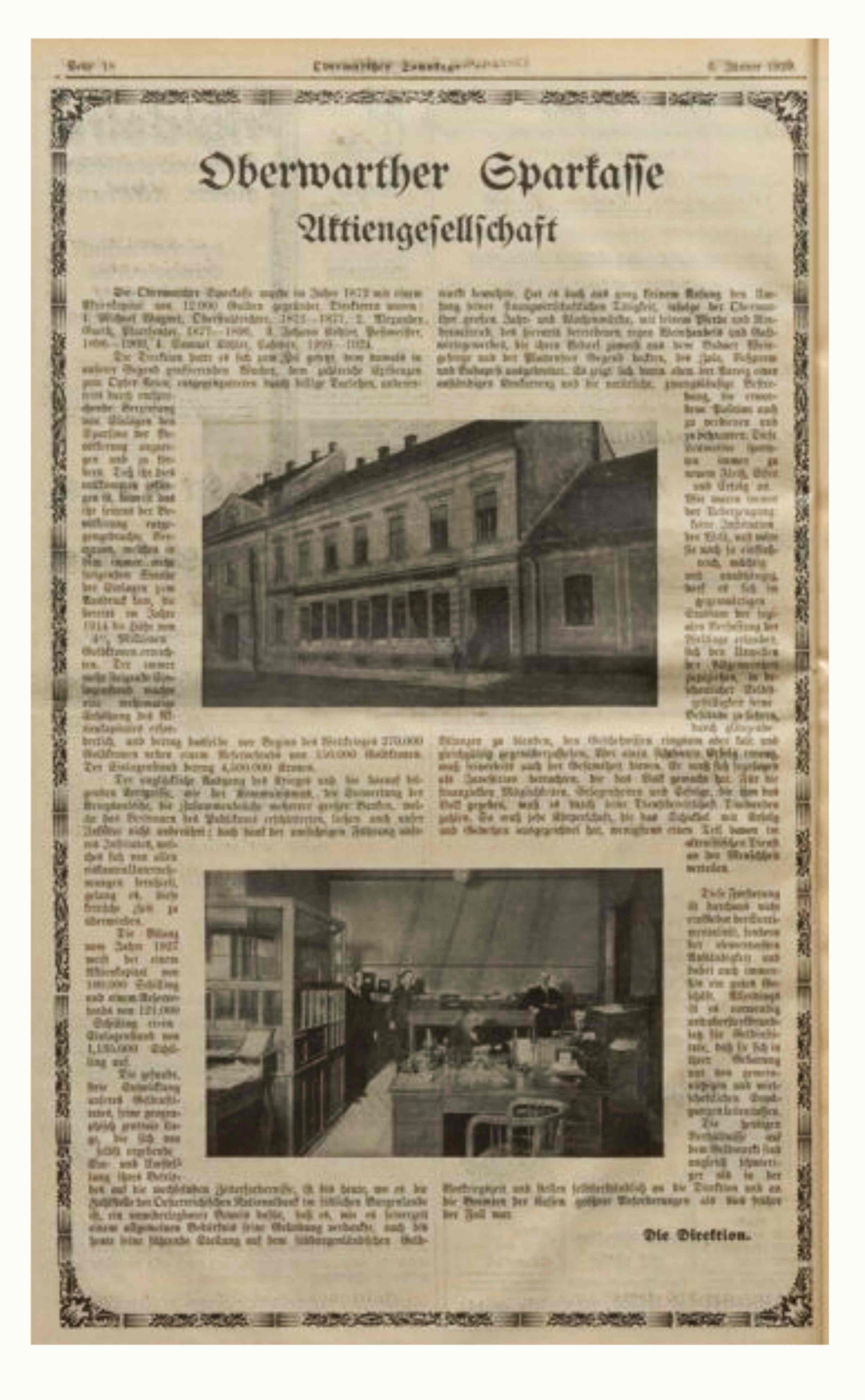 Ganzseitige Werbeeinschaltung der Oberwarther Sparkasse in der Oberwarther = Sonntagszeitung vom 6. Jänner 1921