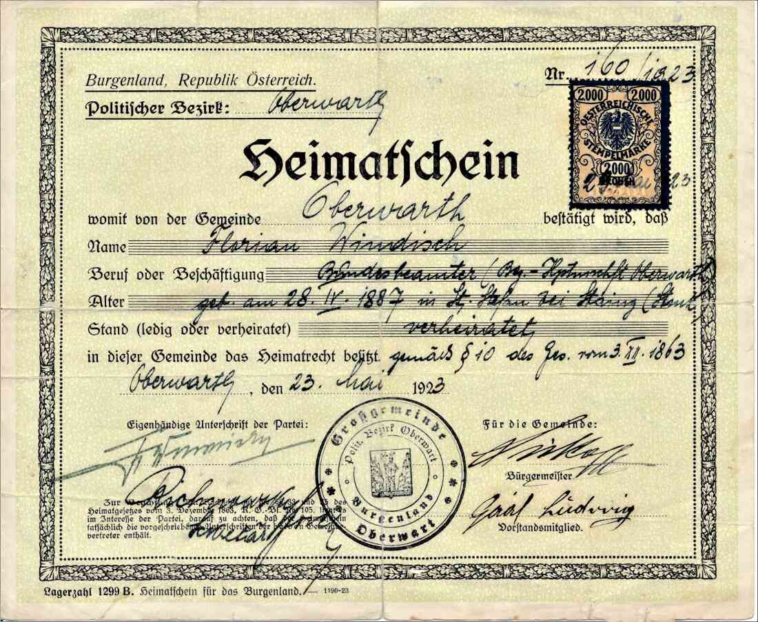 Heimatschein des Florian Windisch, Bundesbeamter bei der BH Oberwart