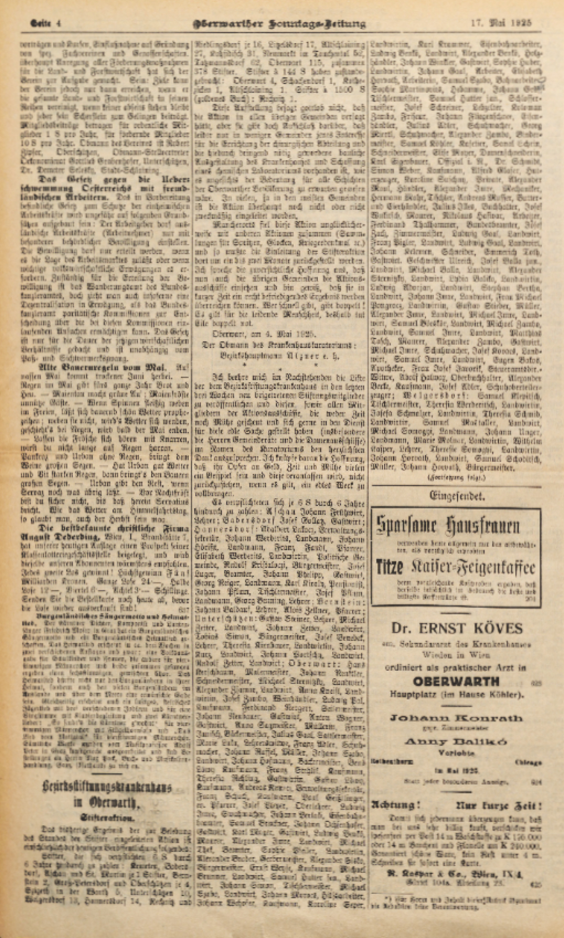 Oberwarther Sonntags = Zeitung vom 17. Mai 1925: "Stifteraktion" zum Bau des 1. Krankenhauses