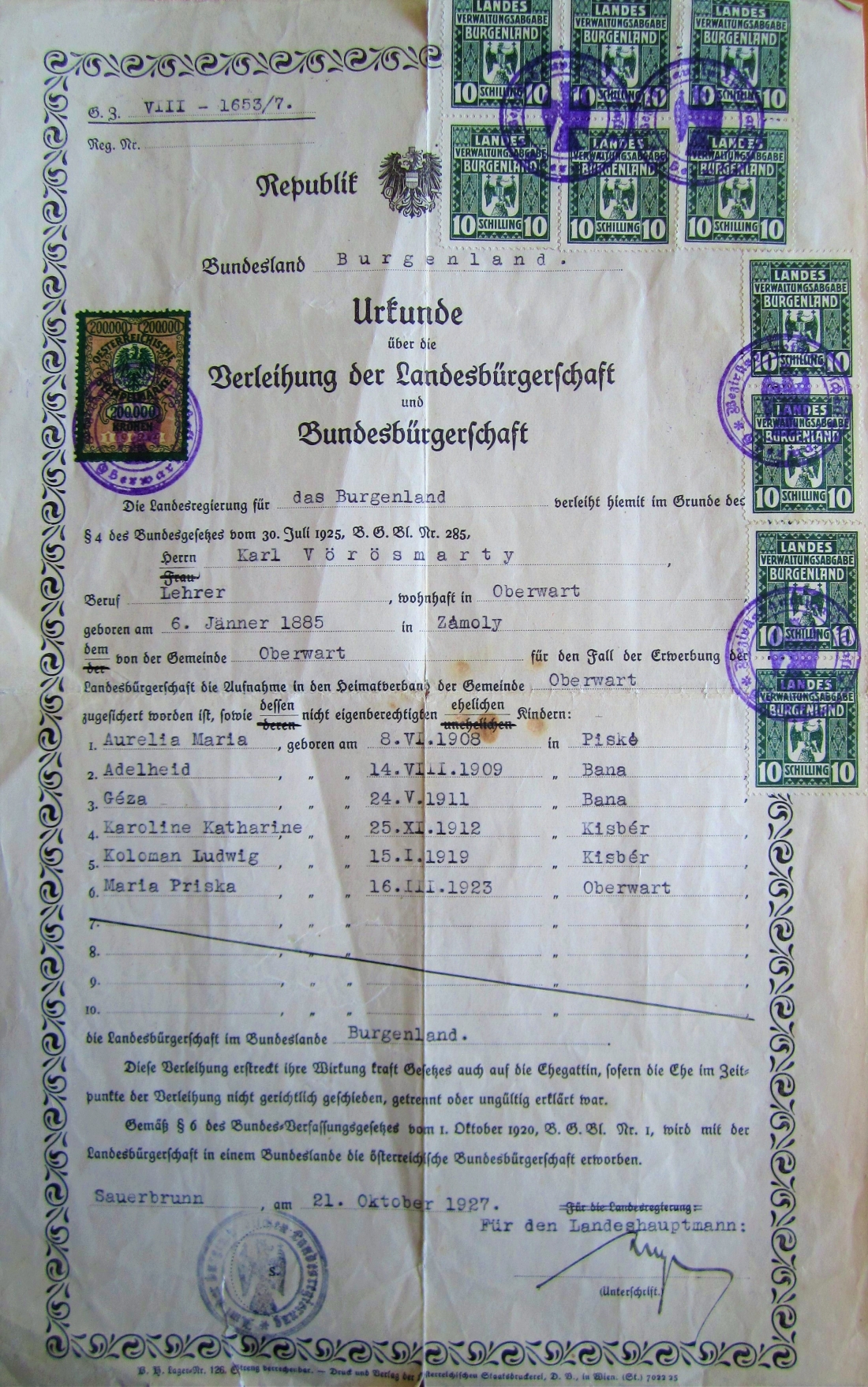 Urkunde: Verleihung der Landesbürgerschaft an Karl  Vörösmarty und Familie