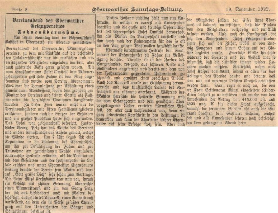 Artikel in der Oberwarther Sonntags = Zeitung (später OZ): Vereinsabend und Fahnenübernahme des Männergesangvereins