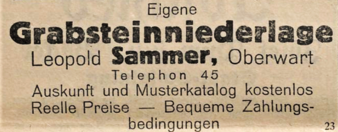 Inserat der Fa. Leopold Sammer (später Samer) - Baustoffe, Dachdeckerei und Grabsteinniederlage (Steinamangererstraße 22) in der Oberwarther Sonntags = Zeitung vom 11. Mai 1930
