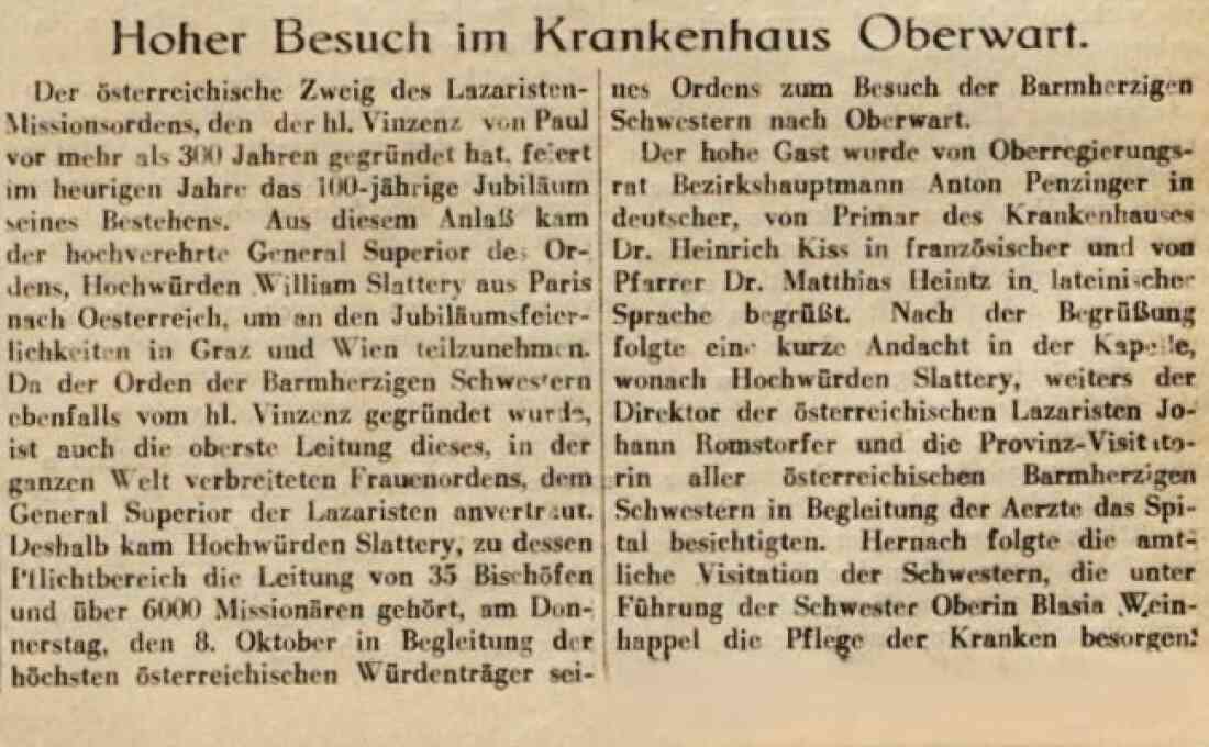 Bericht: General Superiors des Lazaristen Missionsordens d. Hl. Vinzenz, Hochwürden William Slattery - "Hoher Besuch im Krankenhaus" in der Oberwarter Zeitung vom 18. Oktober 1953