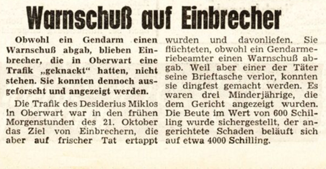 BF vom 26. Oktober 1972: "Warnschuss auf Einbrecher" in der Trafik Desiderius Miklos