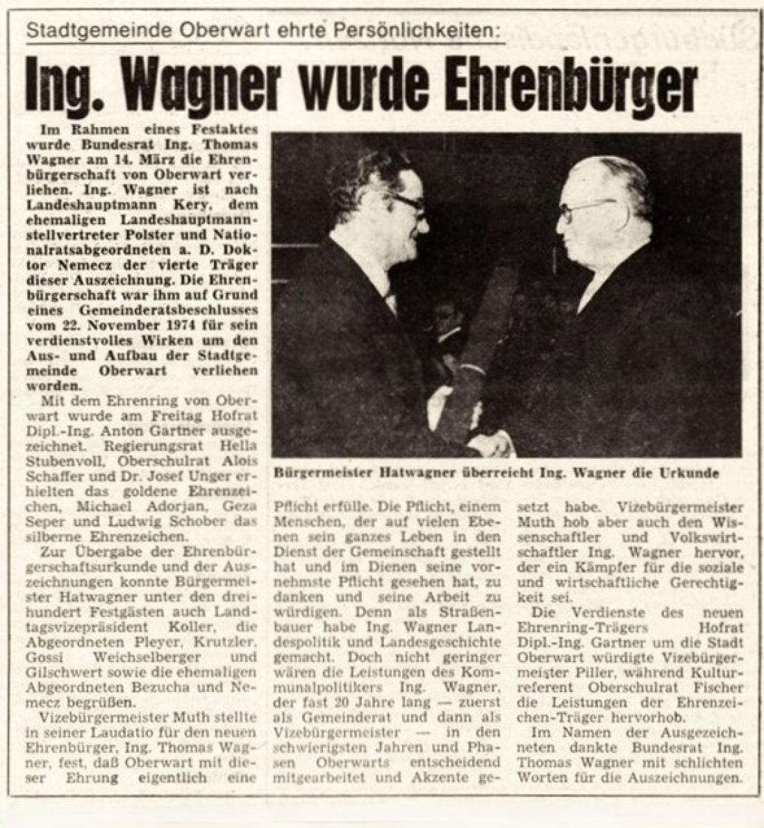 Verleihung der Ehrenbürgerschaft an BR Ing. Thomas Wagner und weitere Auszeichnungen der Stadtgemeinde - Bericht in der BF vom 19. März 1975