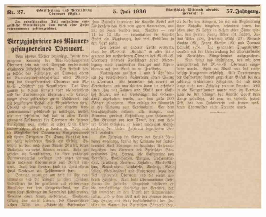 Seite 1 der Oberwarther Sonntags-Zeitung vom 5. Juli 1936: Vierzigjahrfeier des Männergesangvereines Oberwart
