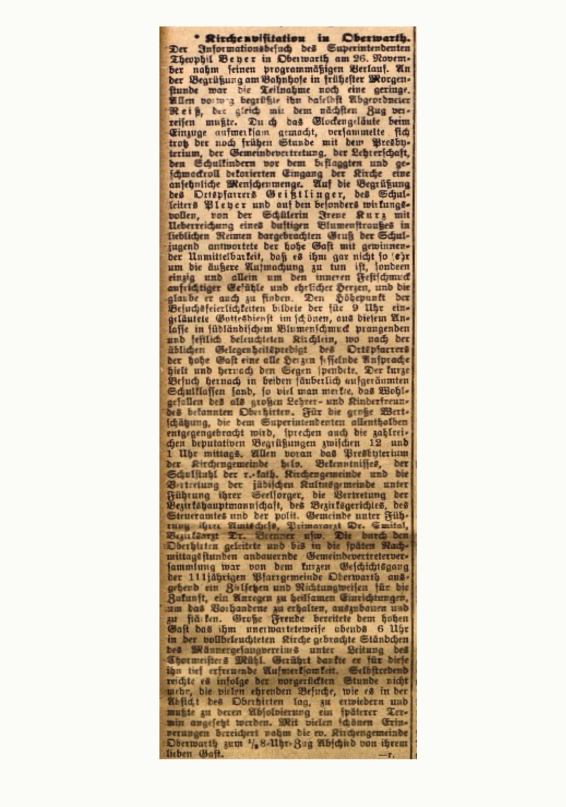 Bericht über die Kirchenvisitation durch Superintendent Theophil Beyer in der Evang. Pfarrgemeinde AB in der Oberwarther Sonntags = Zeitung vom 19. Dezember 1926