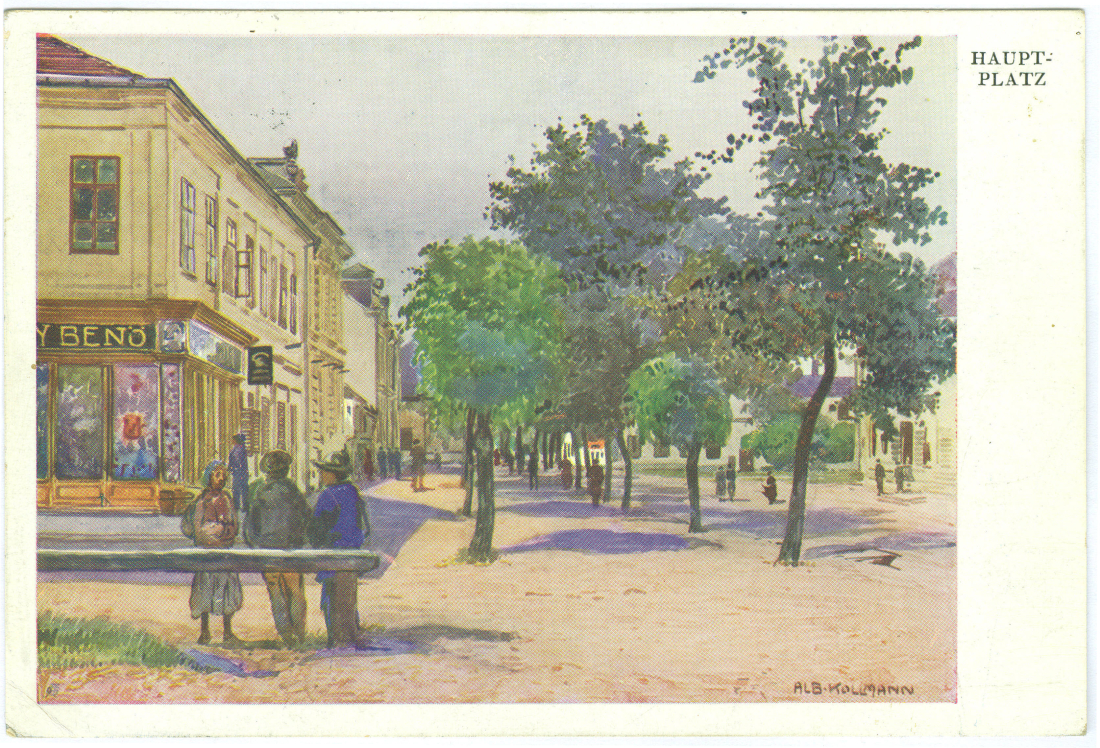 Gemischtwarenhandlung des Benö Löwy (Hauptplatz 1) mit kleiner Baumallee in Richtung Rathaus