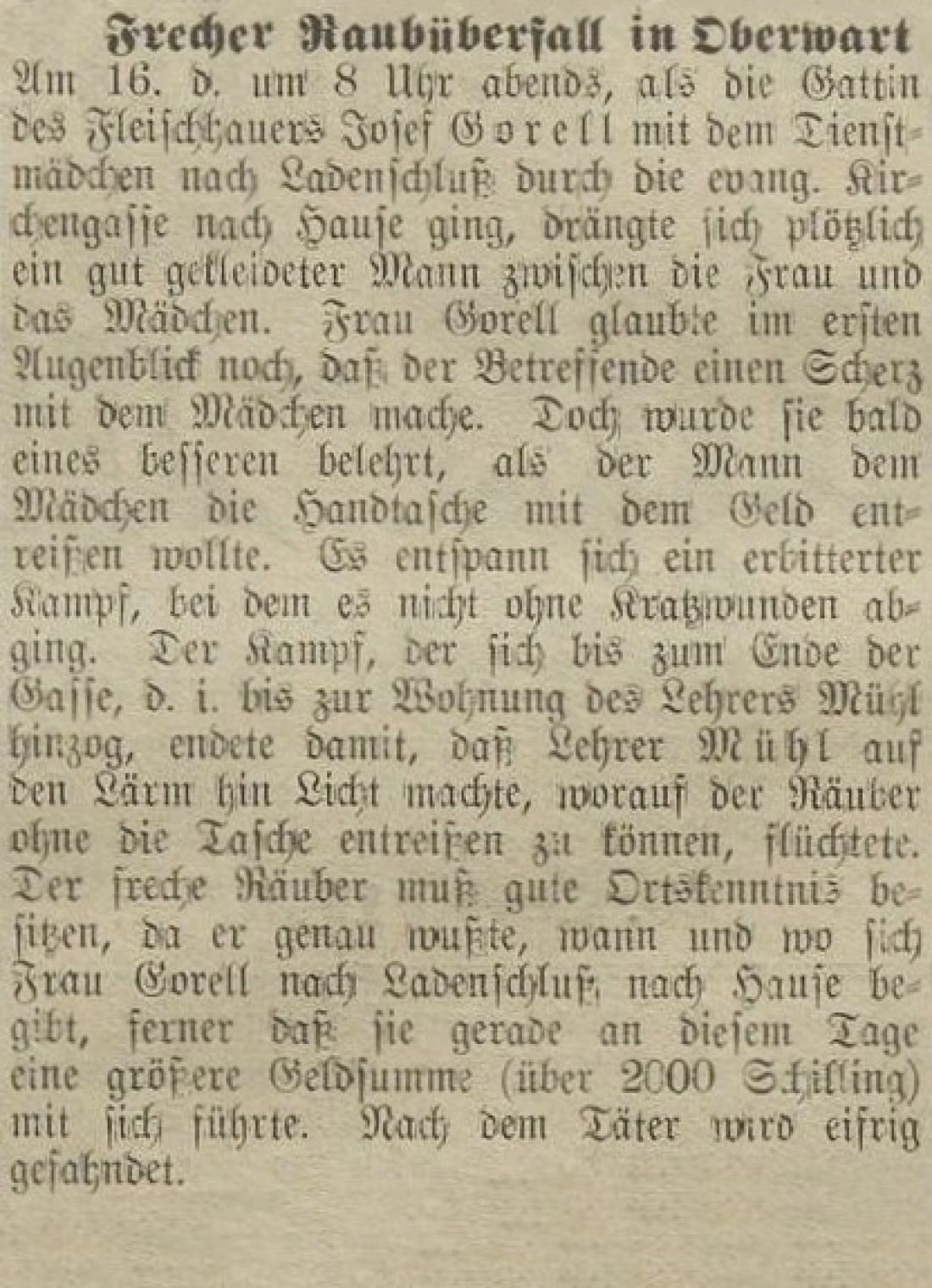 Oberwarther = Sonntagszeitung vom 20. Oktober 1935: Frecher Raubüberfall auf Frau Gorell