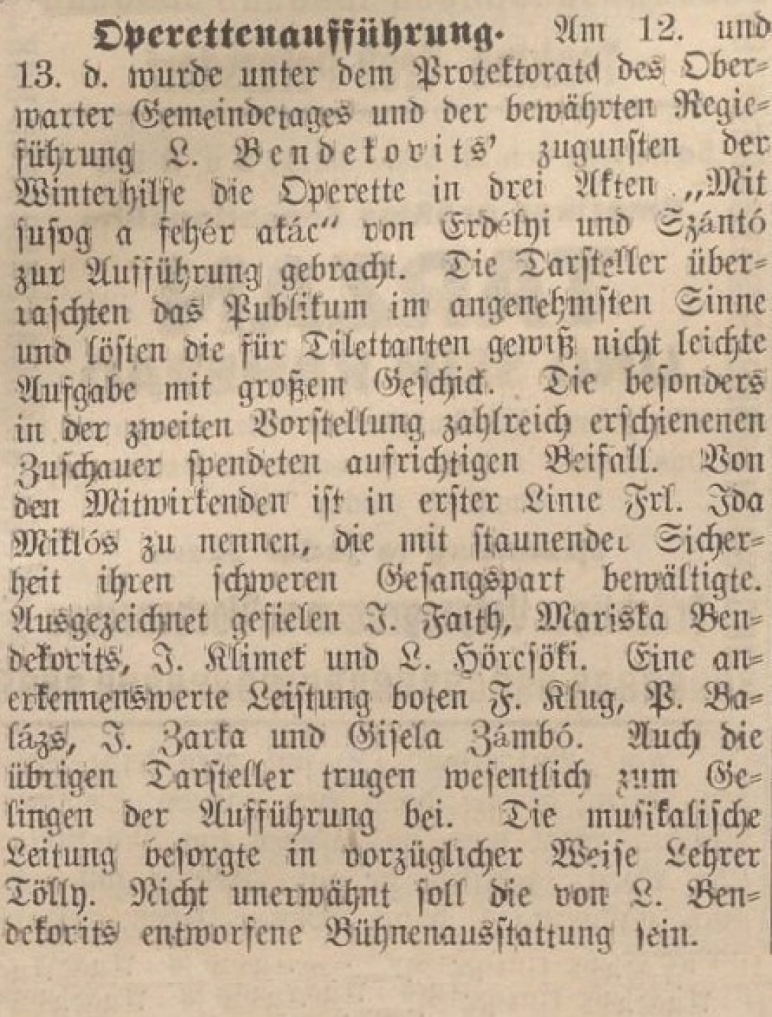 Oberwarther = Sonntagszeitung vom 21. März 1937: Operettenaufführung - Regieführung L. Bendekovits