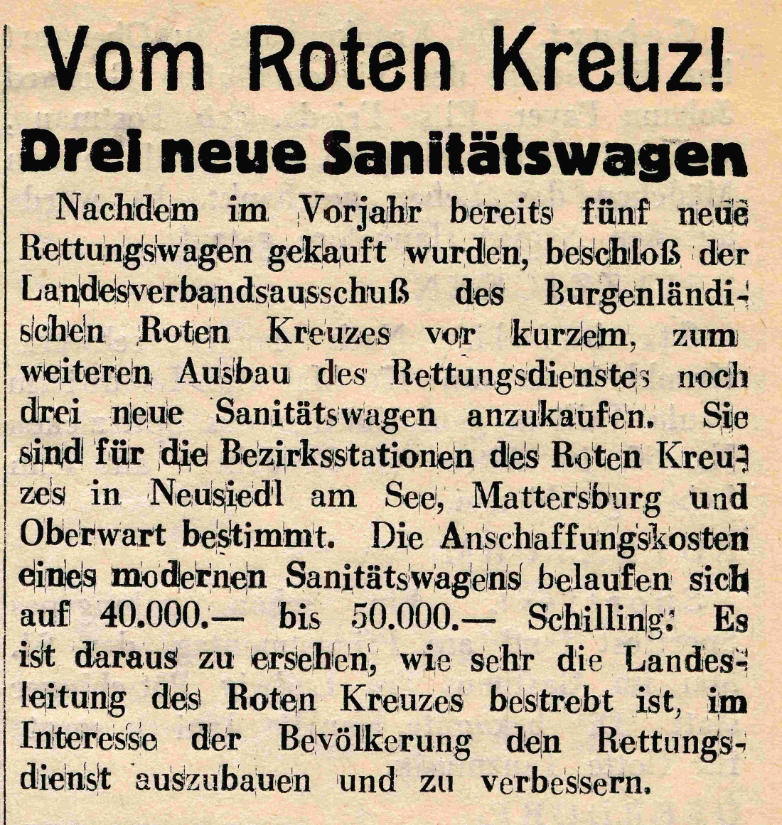 Rotes Kreuz: Artikel zur Anschaffung eines neuen Sanitätswagens bzw. Rettungswagens 1956
