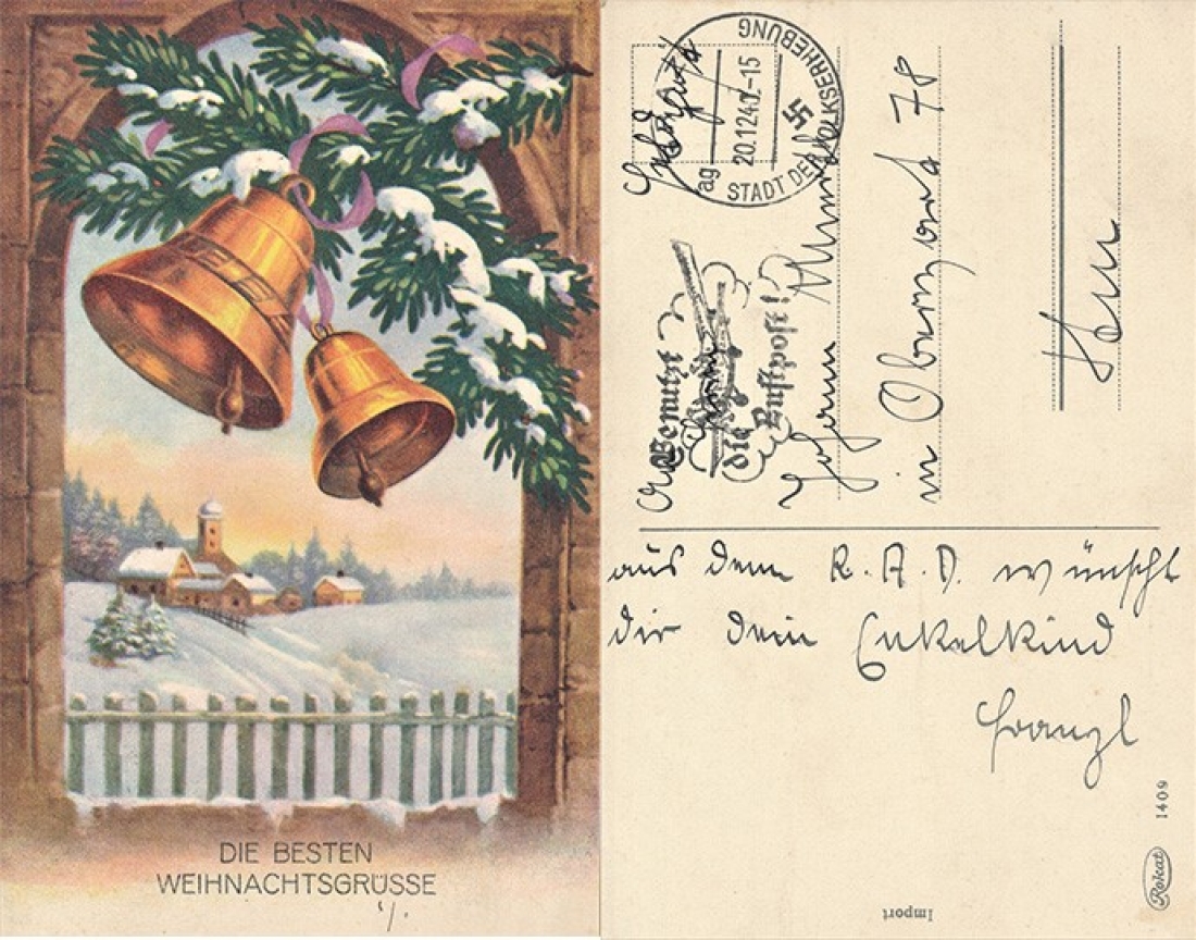 Weihnachtskarte von Enkel Franz Riegler an den Großvater Johann Miertl