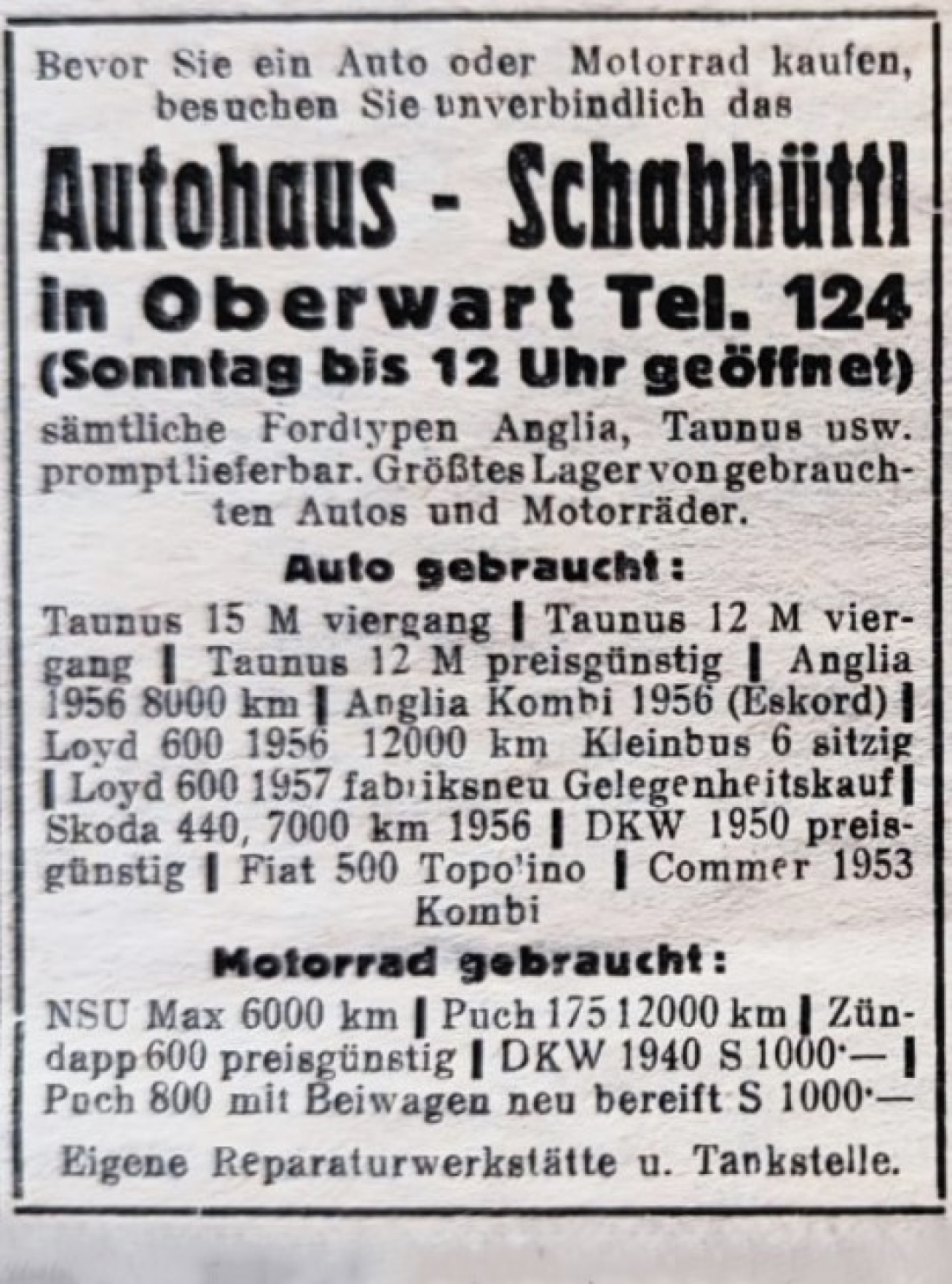 Announce in der Oberwarter Zeitung der Fa. Autohaus Schabhüttl 1957