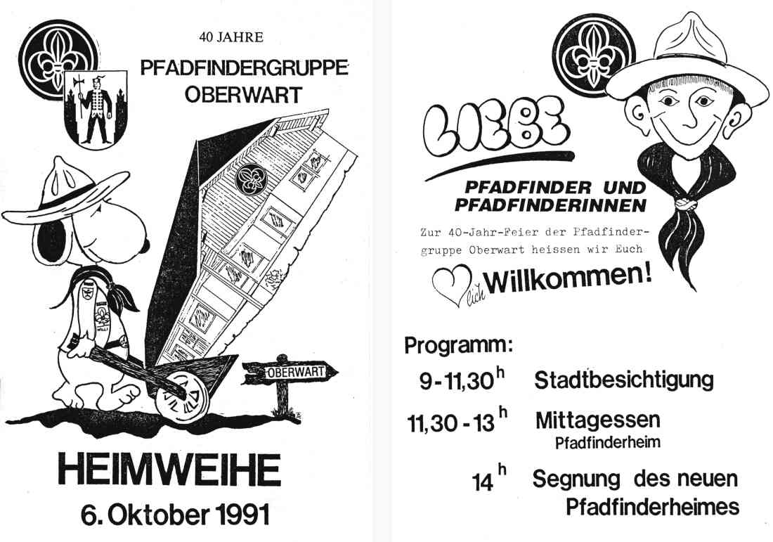 Deckblatt und zweite Seite des Folders "40 Jahre Pfadfindergruppe Oberwart und Heimweihe" am 6. Oktober 1991
