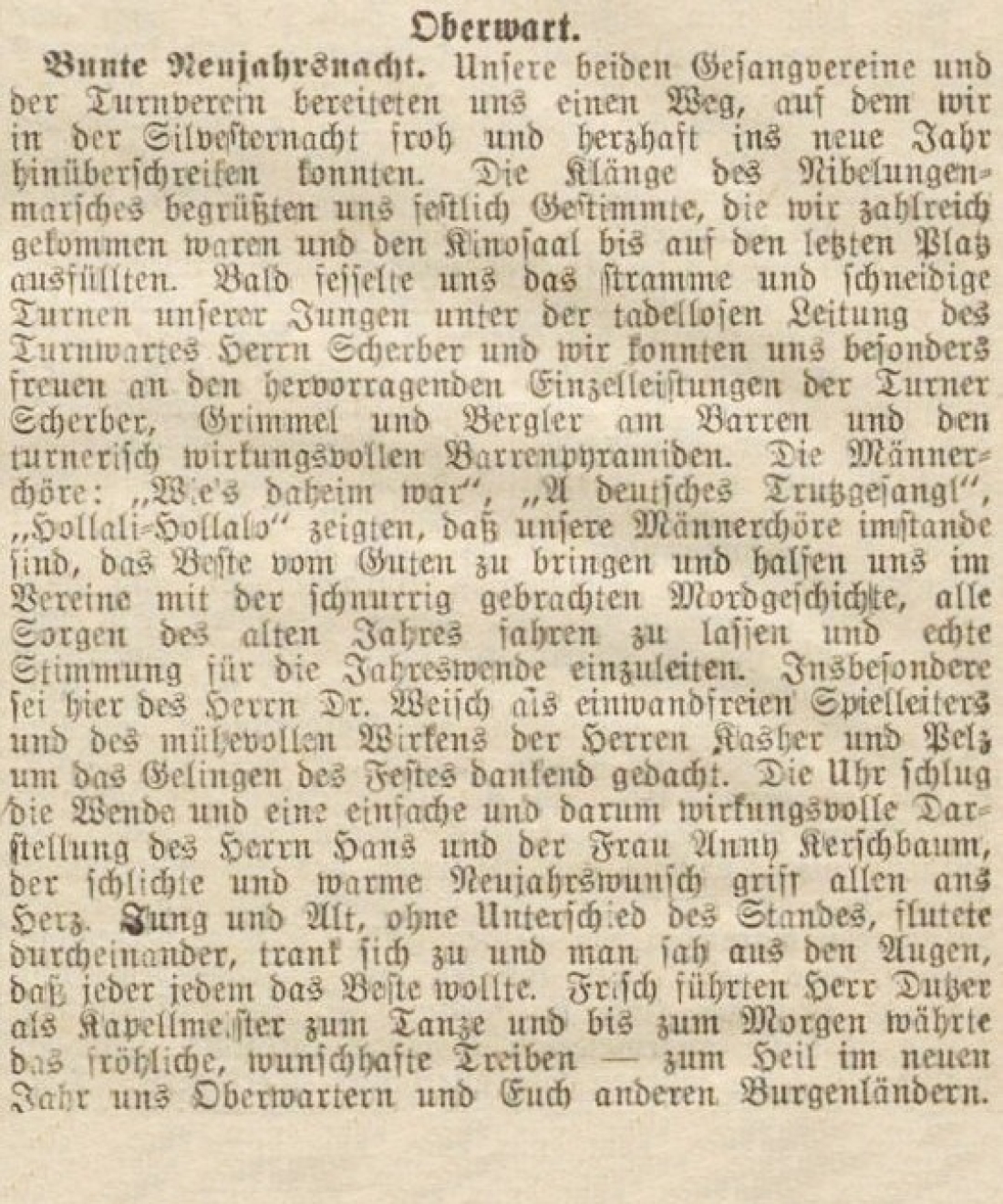 Die Zeitung "Der freie Burgenländer" berichtet am 13. Jänner 1924: Bunte Neujahrsnacht