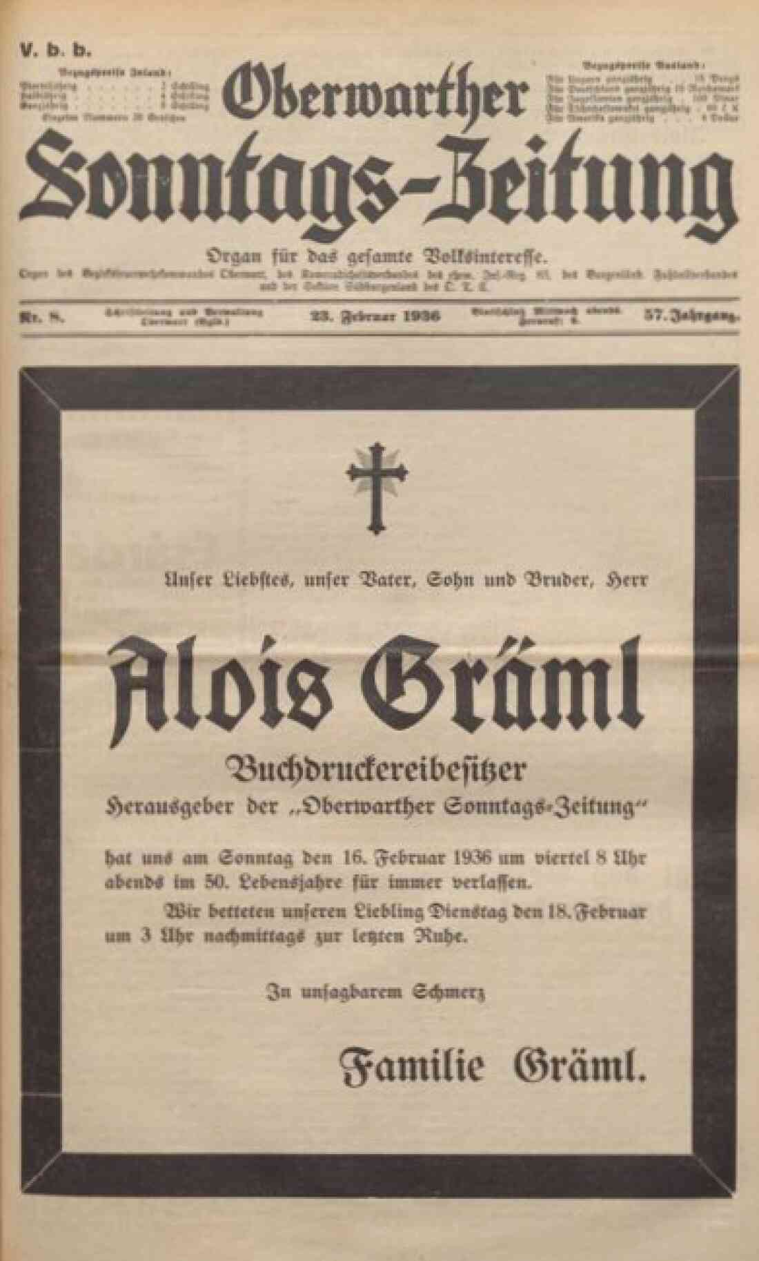 Titelblatt der Oberwarther Sonntags-Zeitung von 23. Feber 1936: zum Tod von Buchdruckereibesitzer und Herausgeber der OSZ Alois Gräml