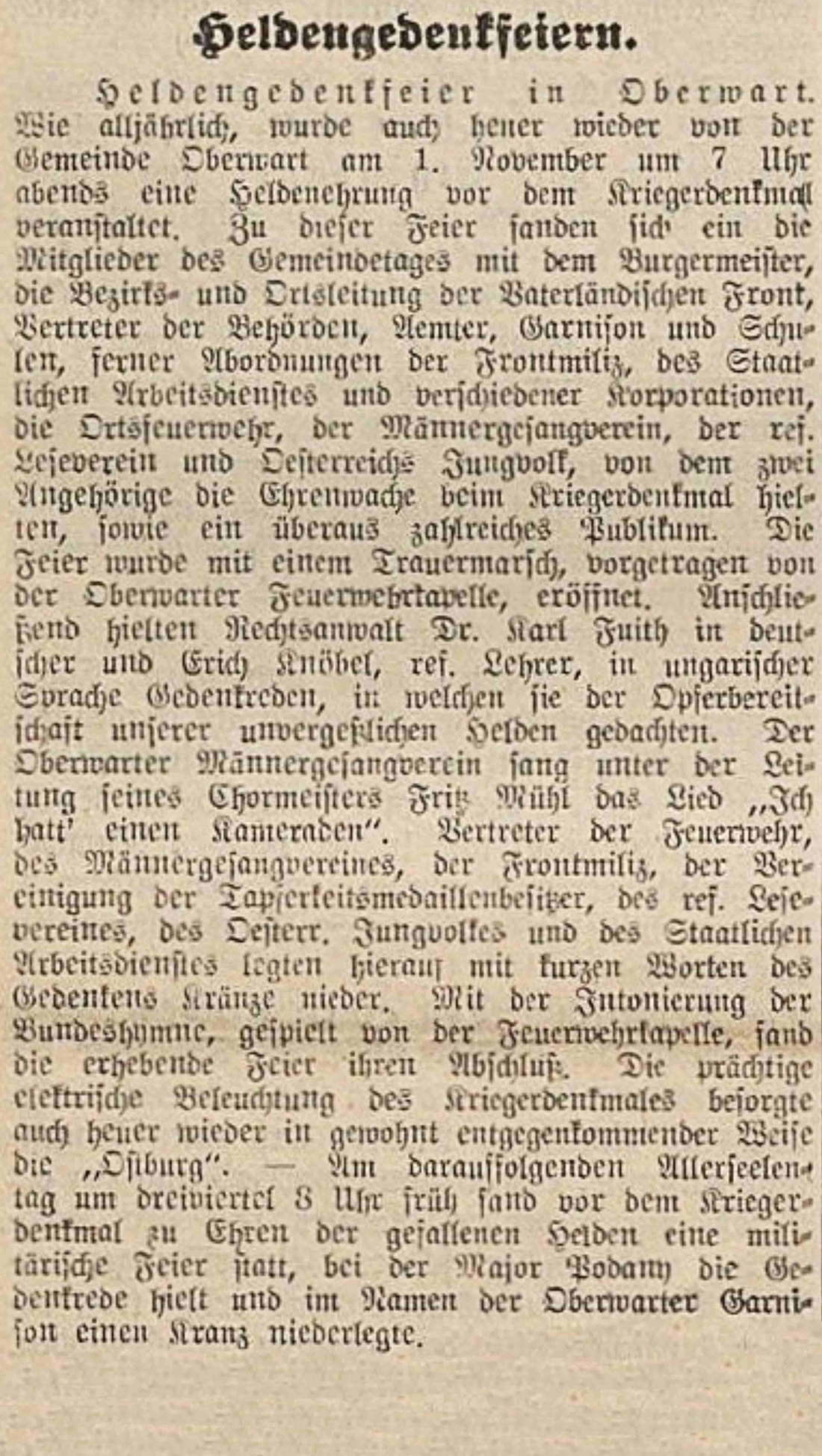 Oberwarther = Sonntagszeitung vom 8. November 1936: Bericht über die Heldengedenkfeier (Heldenehrung/Friedensfeier) vor dem Kriegerdenkmal