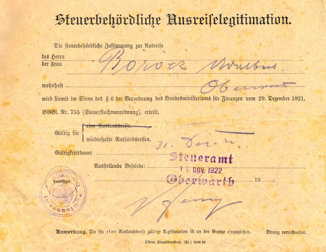 Steuerbehördliche Ausreiselegitimation von Bela bzw. Adalber Böröcz - OW 585 / Steinamangererstraße 47