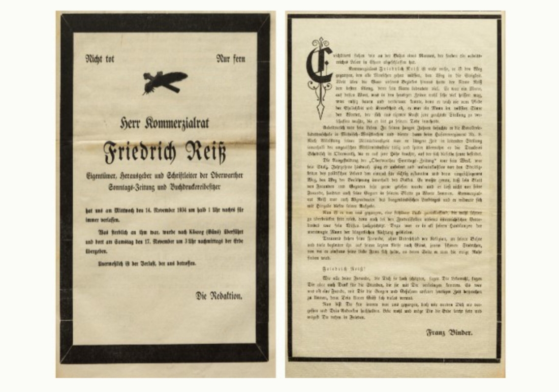 Oberwarther Sonntags = Zeitung - 18. November 1934: Nachruf zum Ableben von Friedrich Reis (auch Reisz oder Reiß)