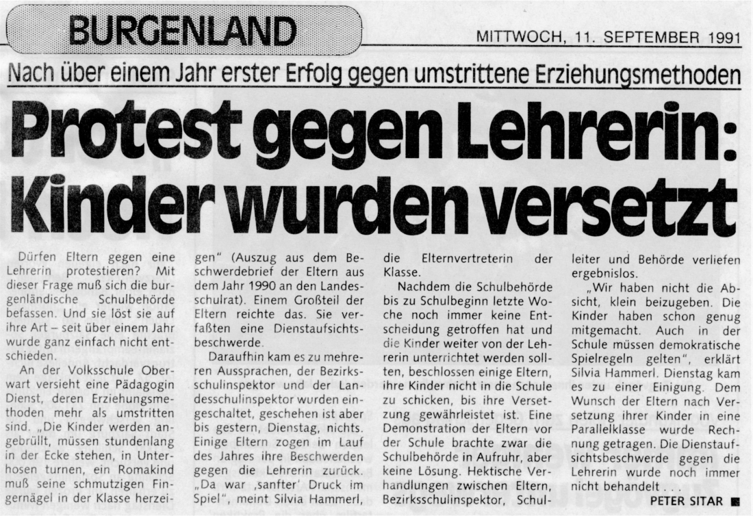Artikel "Proteste gegen Volksschul-Lehrerin" im Kurier