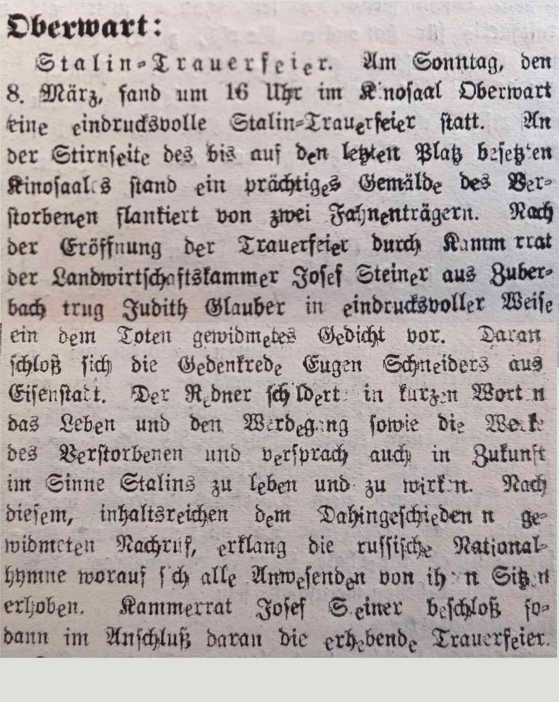 Artikel "Stalin Trauerfeier" in der Oberwarter Zeitung vom 15. März 1953