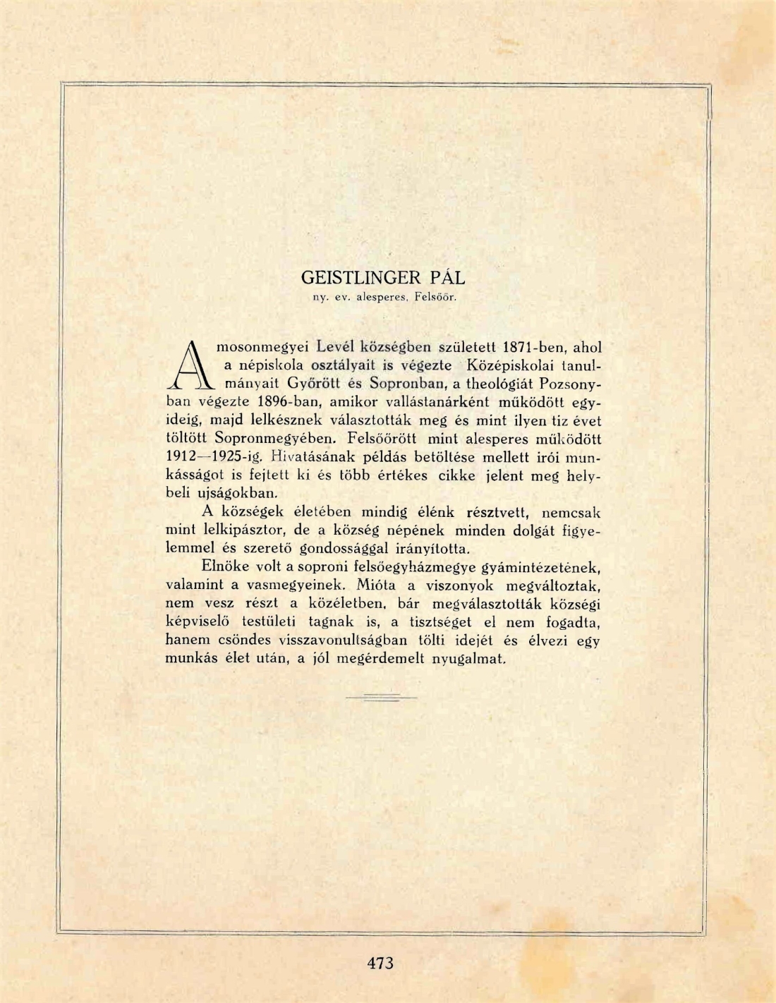 Evang. Pfarrgemeinde AB: Pfarrer Paul Geistlinger / auch Geisztlinger (+1871 / +1952)
