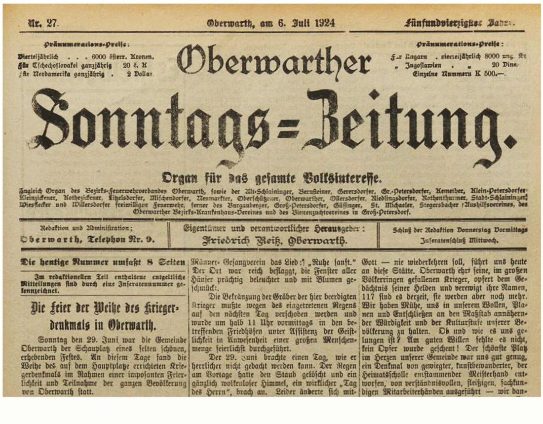 Oberwarther = Sonntagszeitung vom 6. Juli 1924: überaus umfangreicher Artikel zur Feier und Weihe des neuerrichteten Kriegerdenkmals am Sonntag den 29. Juni 1924