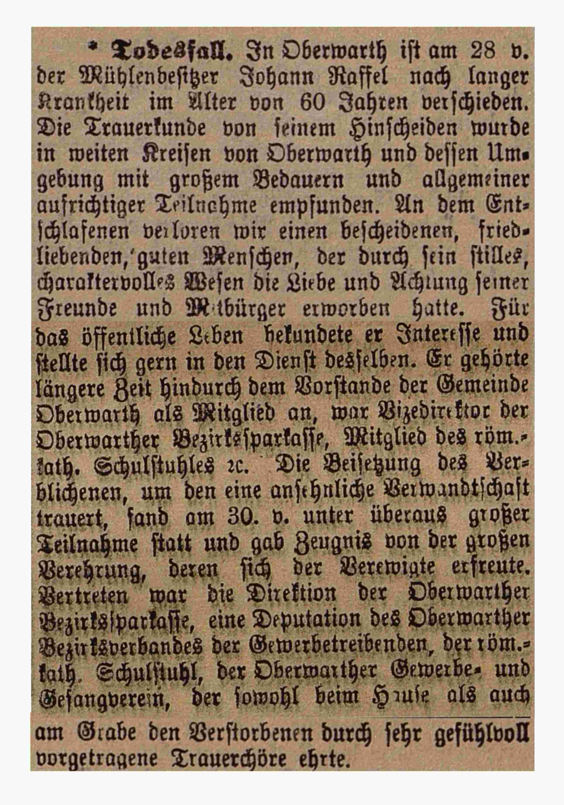 Oberwarther Sonntags = Zeitung: Bericht zum Ableben von Mühlenbesitzer Johann Raffel (*1866/+1926)