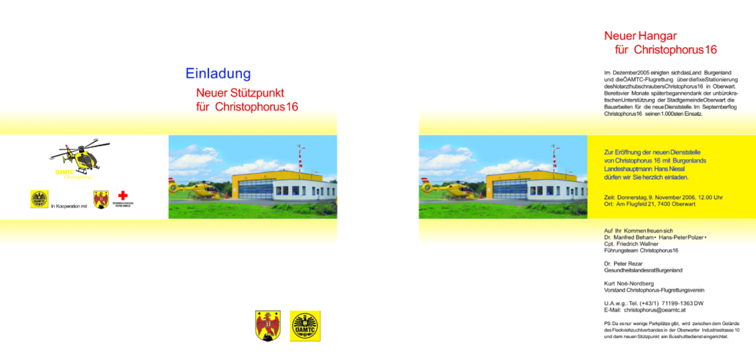 ÖAMTC-Rettungshubschrauber Christophorus 16: Eröffnung des Stützpunkts Am Flugfeld 21 - 9. November 2006: Einladung