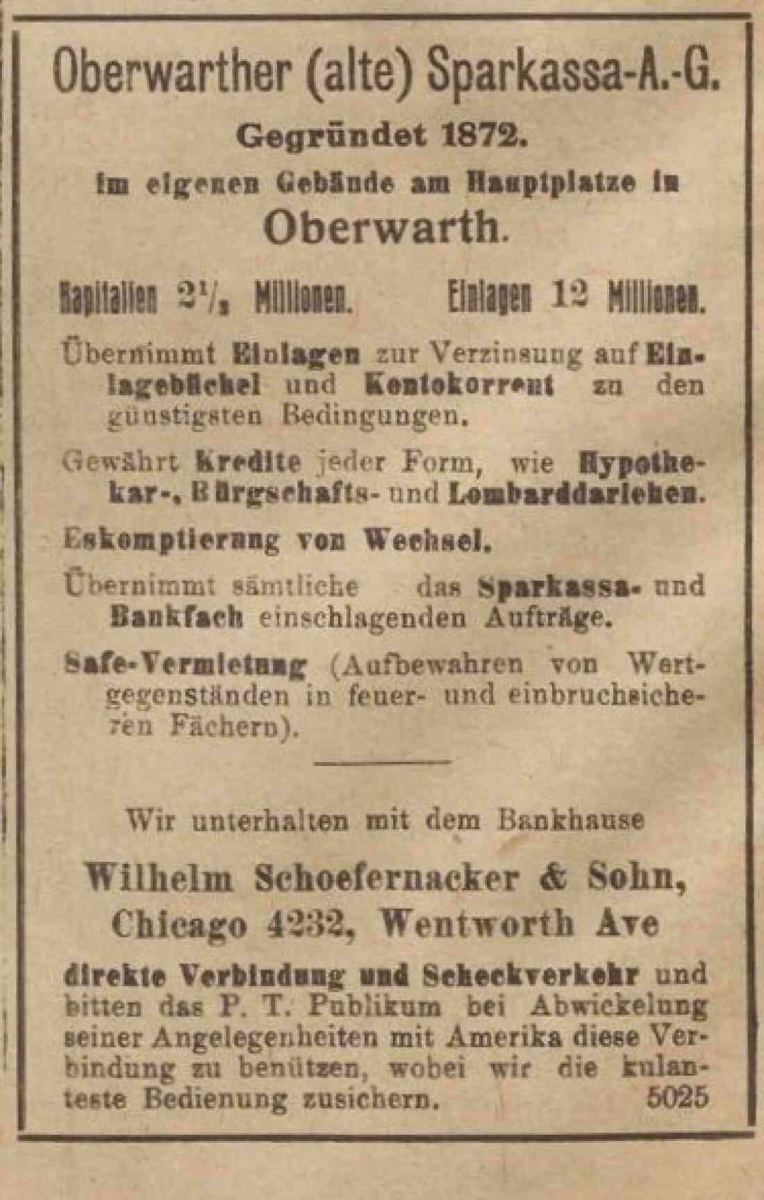 Werbeeinschaltung für die Oberwarther (Alte) Sparkasse[a]-AG in der Oberwarther Sonntags-Zeitung vom 8. November 1922